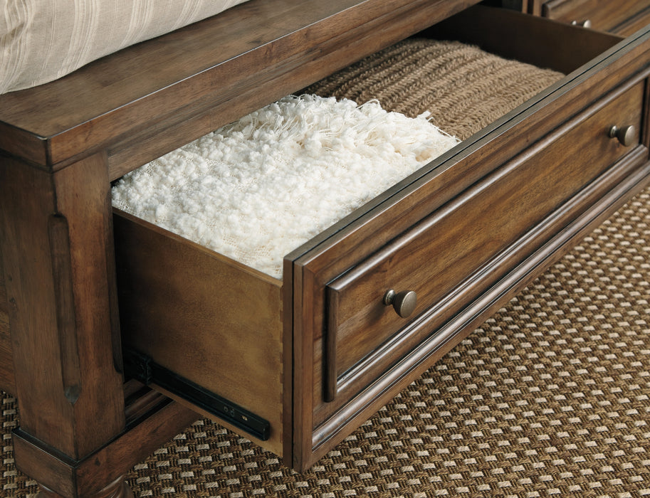 Flynnter King Panel Bed with 2 Storage Drawers with Mirrored Dresser, Chest and Nightstand