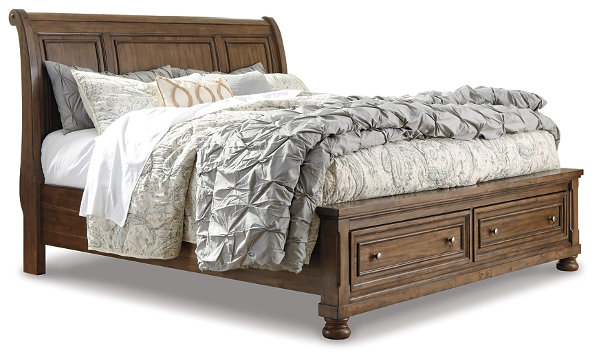 Flynnter  Sleigh Bed With 2 Storage Drawers With Mirrored Dresser