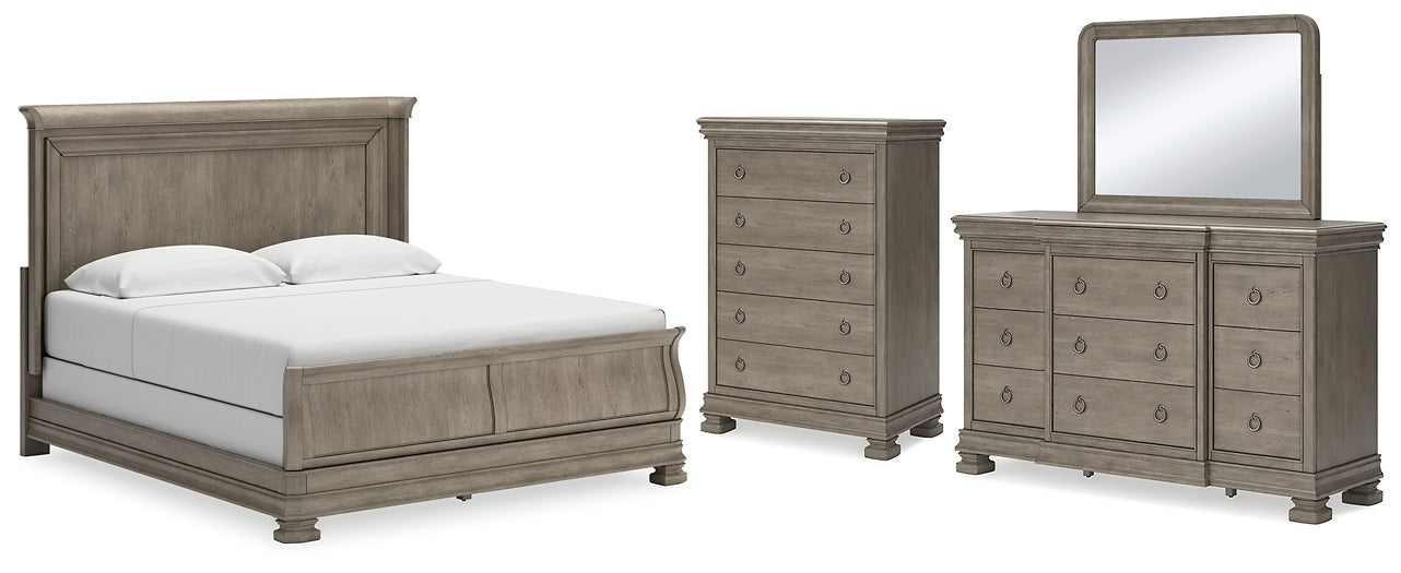 Lexorne King Sleigh Bed with Mirrored Dresser and Chest